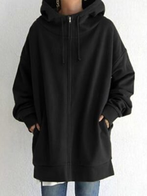 Casual Regular Fit Plain Zipper Long Sleeve Long Hoodie Jacket - Image 6