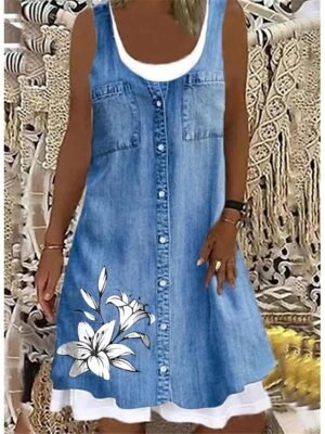 Casual Regular Fit Print Round Neck Sleeveless Midi Tank Dress - Image 1