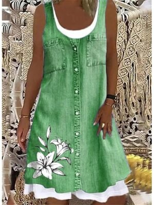 Casual Regular Fit Print Round Neck Sleeveless Midi Tank Dress - Image 2