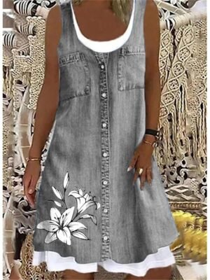 Casual Regular Fit Print Round Neck Sleeveless Midi Tank Dress - Image 3