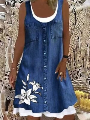 Casual Regular Fit Print Round Neck Sleeveless Midi Tank Dress - Image 6