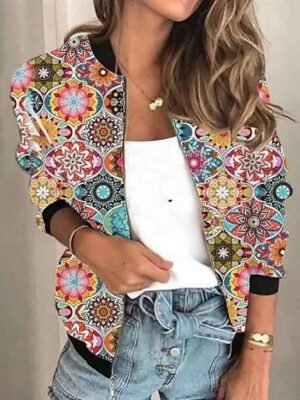 Casual Regular Fit Print Stand Collar Long Sleeve Jacket - Image 3