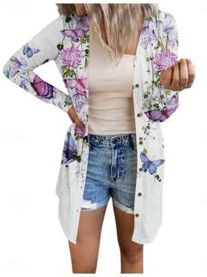 Casual Regular Fit Print V Neck Long Sleeve Long Jacket - Image 1