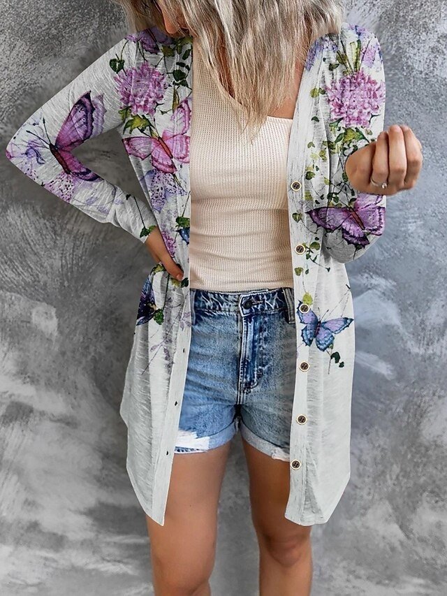 Casual Regular Fit Print V Neck Long Sleeve Long Jacket - Image 2