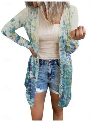 Casual Regular Fit Print V Neck Long Sleeve Long Jacket - Image 4