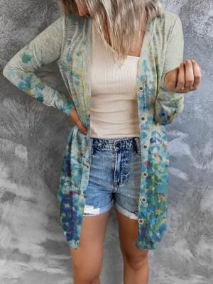 Casual Regular Fit Print V Neck Long Sleeve Long Jacket - Image 5
