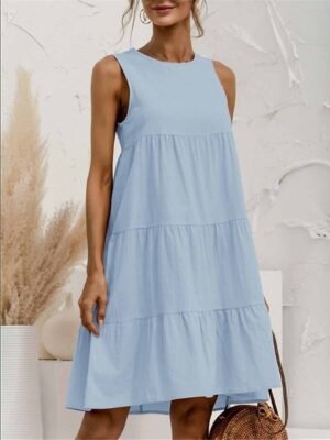 Casual Regular Fit Pure Colour Crew Neck Short Sleeve Mini Dress - Image 1