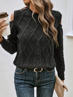 Casual Regular Fit Pure Colour Crew Neck Cold Shoulder Long Sleeve Regular Top - Image 1