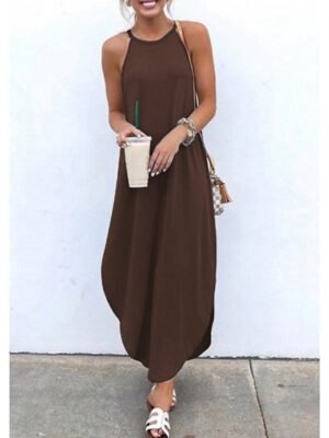 Casual Regular Fit Pure Colour Crew Neck Strap Maxi Dress - Image 1