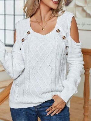 Casual Regular Fit Pure Colour Crew Neck Cold Shoulder Long Sleeve Regular Tops - Image 10