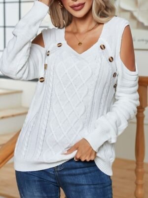 Casual Regular Fit Pure Colour Crew Neck Cold Shoulder Long Sleeve Regular Tops - Image 11