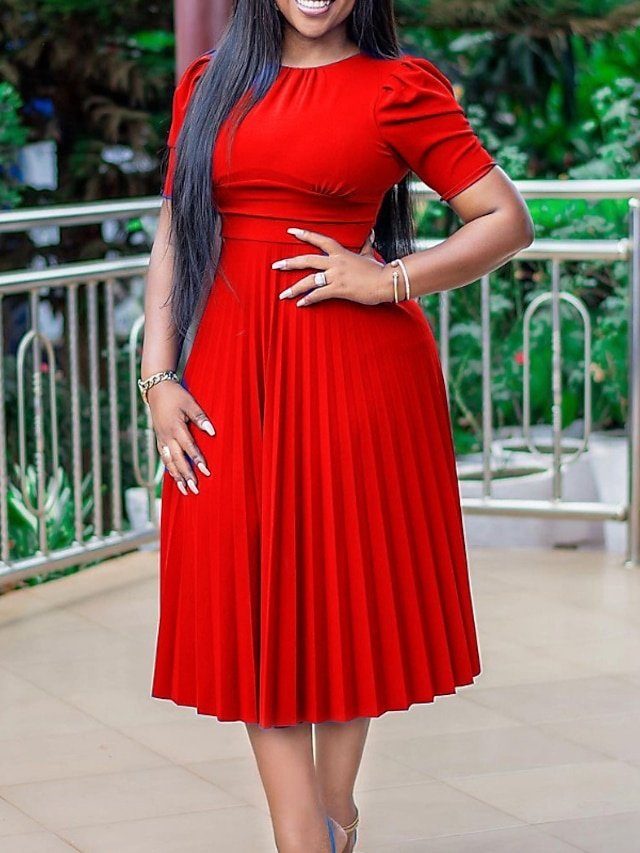 Casual Regular Fit Pure Colour Crew Neck Short Sleeve Midi Dress - Image 2