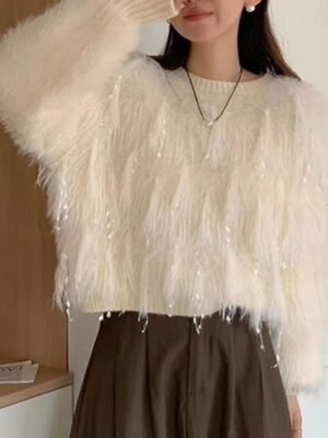 Casual Regular Fit Pure Colour Crew Neck Long Sleeve Crop Sweater - Image 2