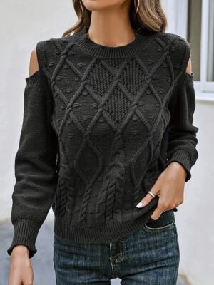 Casual Regular Fit Pure Colour Crew Neck Cold Shoulder Long Sleeve Regular Top - Image 3