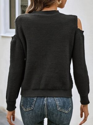 Casual Regular Fit Pure Colour Crew Neck Cold Shoulder Long Sleeve Regular Top - Image 4