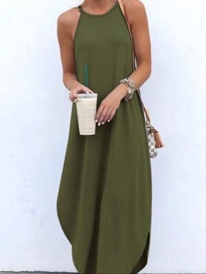 Casual Regular Fit Pure Colour Crew Neck Strap Maxi Dress - Image 6