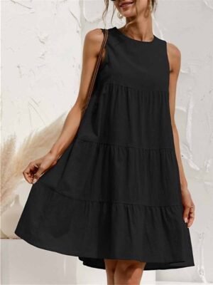 Casual Regular Fit Pure Colour Crew Neck Short Sleeve Mini Dress - Image 6