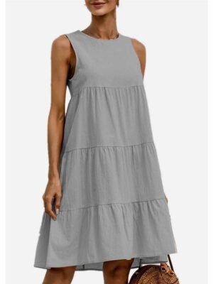 Casual Regular Fit Pure Colour Crew Neck Short Sleeve Mini Dress - Image 8