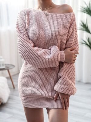 Casual Regular Fit Pure Colour Off Shoulder Long Sleeve Sweater Dress - Image 1