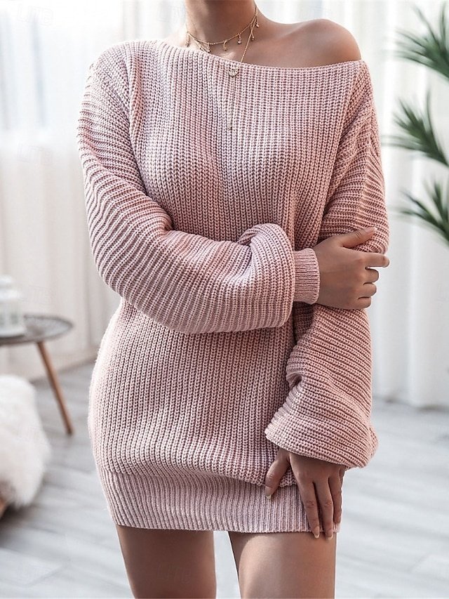 Casual Regular Fit Pure Colour Off Shoulder Long Sleeve Sweater Dress - Image 1
