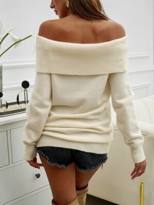 Casual Regular Fit Pure Colour Off Shoulder Long Sleeve Knitted Top - Image 12