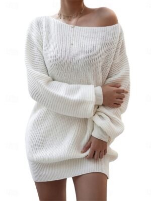 Casual Regular Fit Pure Colour Off Shoulder Long Sleeve Sweater Dress - Image 12
