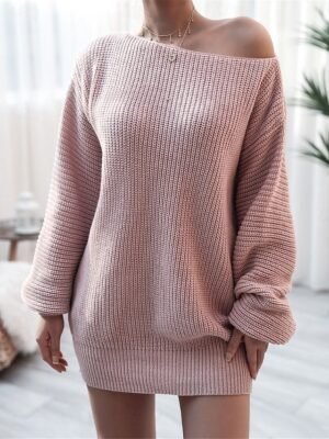 Casual Regular Fit Pure Colour Off Shoulder Long Sleeve Sweater Dress - Image 3