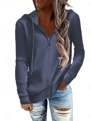 Casual Regular Fit Pure Colour Ribbed Hooded Long Sleeve Jumper - Image 2