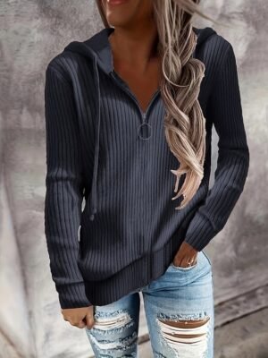 Casual Regular Fit Pure Colour Ribbed Hooded Long Sleeve Jumper - Image 3