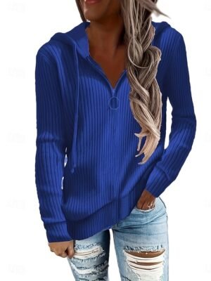 Casual Regular Fit Pure Colour Ribbed Hooded Long Sleeve Jumper - Image 4