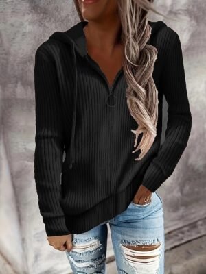 Casual Regular Fit Pure Colour Ribbed Hooded Long Sleeve Jumper - Image 5