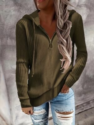 Casual Regular Fit Pure Colour Ribbed Hooded Long Sleeve Jumper - Image 6