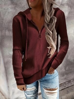 Casual Regular Fit Pure Colour Ribbed Hooded Long Sleeve Jumper - Image 7