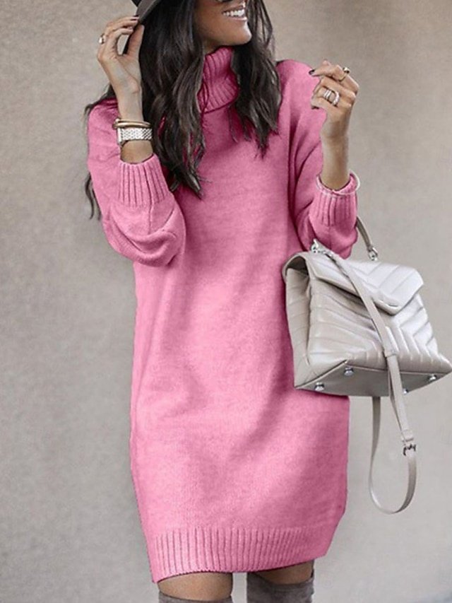 Casual Regular Fit Pure Colour Turtleneck Long Sleeve Long Knit Sweater Dress - Image 1