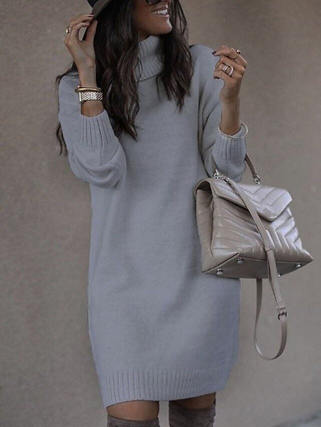 Casual Regular Fit Pure Colour Turtleneck Long Sleeve Long Knit Sweater Dress - Image 2