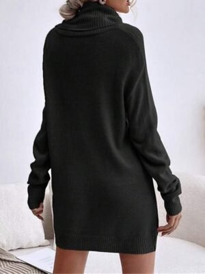 Casual Regular Fit Pure Colour Turtleneck Long Sleeve Long Sweater Dress - Image 5