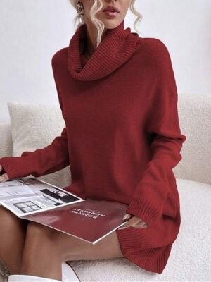 Casual Regular Fit Pure Colour Turtleneck Long Sleeve Long Sweater Dress - Image 9