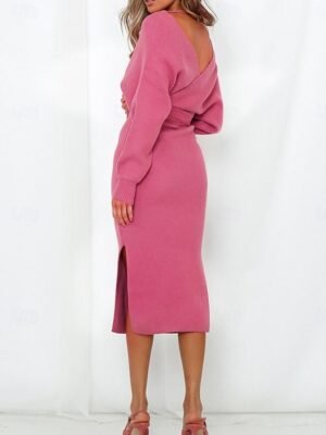 Casual Regular Fit Pure Colour V Neck Lace-Up Split Long Sleeve Knitted Sweater Dress - Image 3