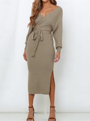 Casual Regular Fit Pure Colour V Neck Lace-Up Split Long Sleeve Knitted Sweater Dress - Image 5