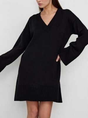 Casual Regular Fit Pure Colour V Neck Long Sleeve Sweater Dress - Image 1