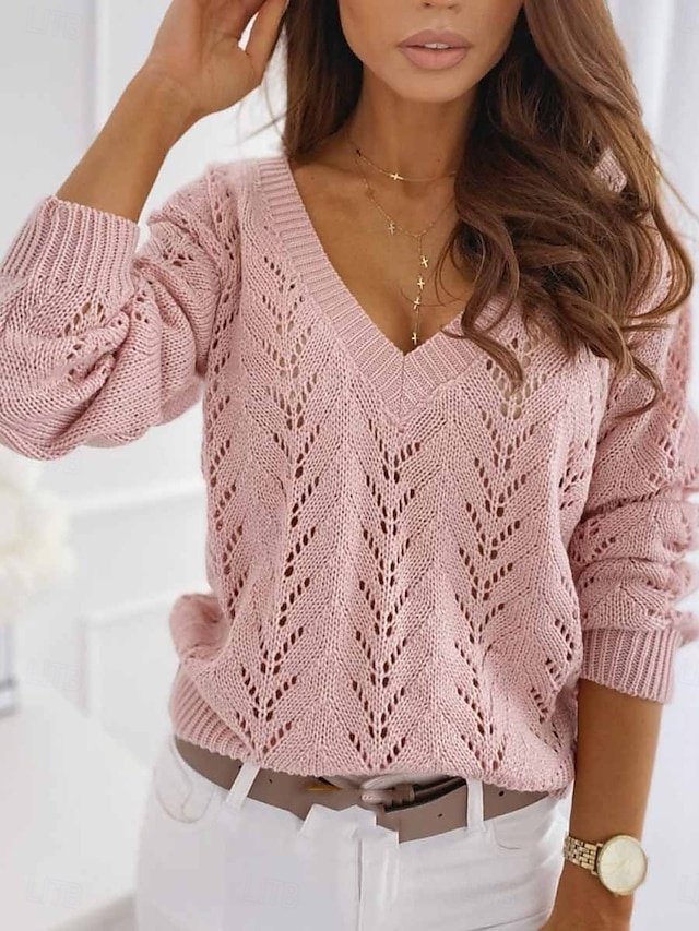 Casual Regular Fit Pure Colour V Neck Long Sleeve Knitted Top - Image 1