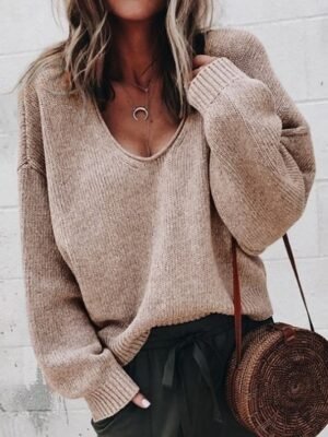 Casual Regular Fit Pure Colour V Neck Long Sleeve Knit Top - Image 1