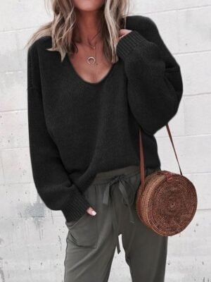 Casual Regular Fit Pure Colour V Neck Long Sleeve Knit Top - Image 2
