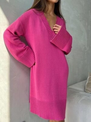 Casual Regular Fit Pure Colour V Neck Long Sleeve Sweater Dress - Image 3
