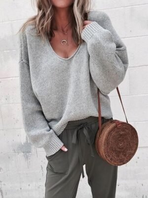 Casual Regular Fit Pure Colour V Neck Long Sleeve Knit Top - Image 3