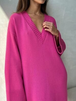 Casual Regular Fit Pure Colour V Neck Long Sleeve Sweater Dress - Image 4