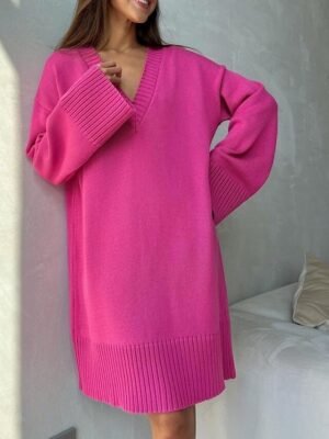 Casual Regular Fit Pure Colour V Neck Long Sleeve Sweater Dress - Image 5