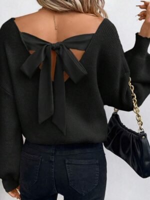 Casual Regular Fit Pure V Neck Open Back Long Sleeve Sweater - Image 5