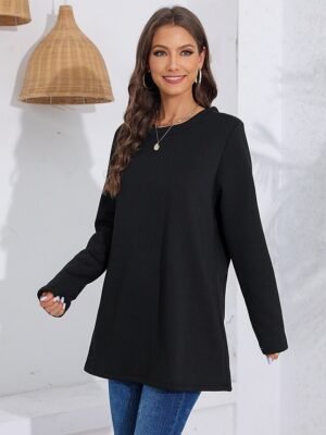 Casual Regular Fit Sherpa Fleece Lined Crew Neck Long Sleeve Mini Dress - Image 2