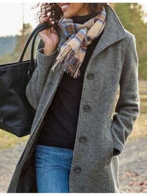 Casual Regular Fit Smocked Turndown Long Sleeve Wool Pea Coat - Image 3